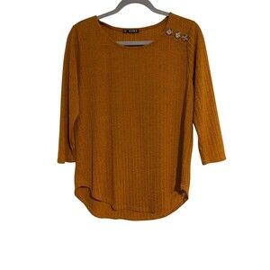 Storybuk Women's M Brown Top Ribbed Button Accent 3/4 Sleeves Curved Hem Casual